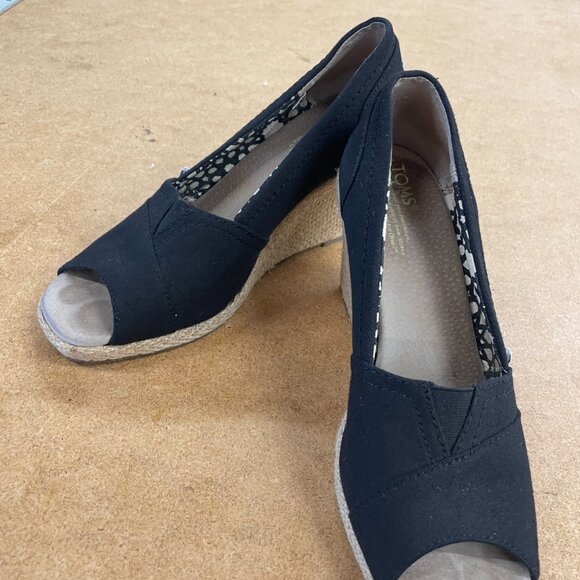 TOMS Shoes Size 7 Women\'s Black Espadrille Wedges Canvas Peep Toe Slip On main image 8